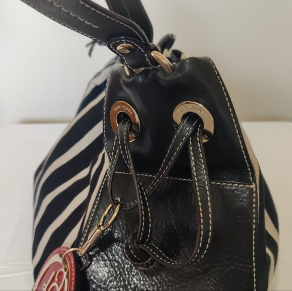 Kate Spade Black and White Striped Conves and Leather Shoulder Bag - Picture 9 of 9